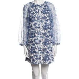 Staud Blue & White Organza Sleeve Shift Mini Dress, M